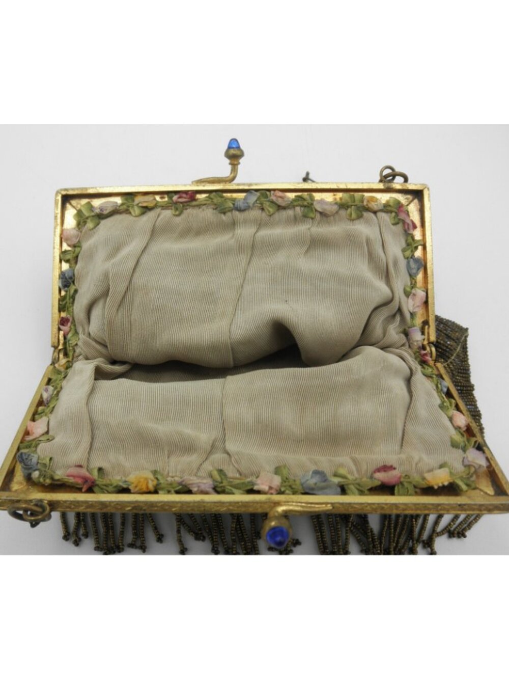 Vintage Antique Micro Beaded Purse Art Deco Evening Bag Gold Blue with Fringe - Picture 6 of 14